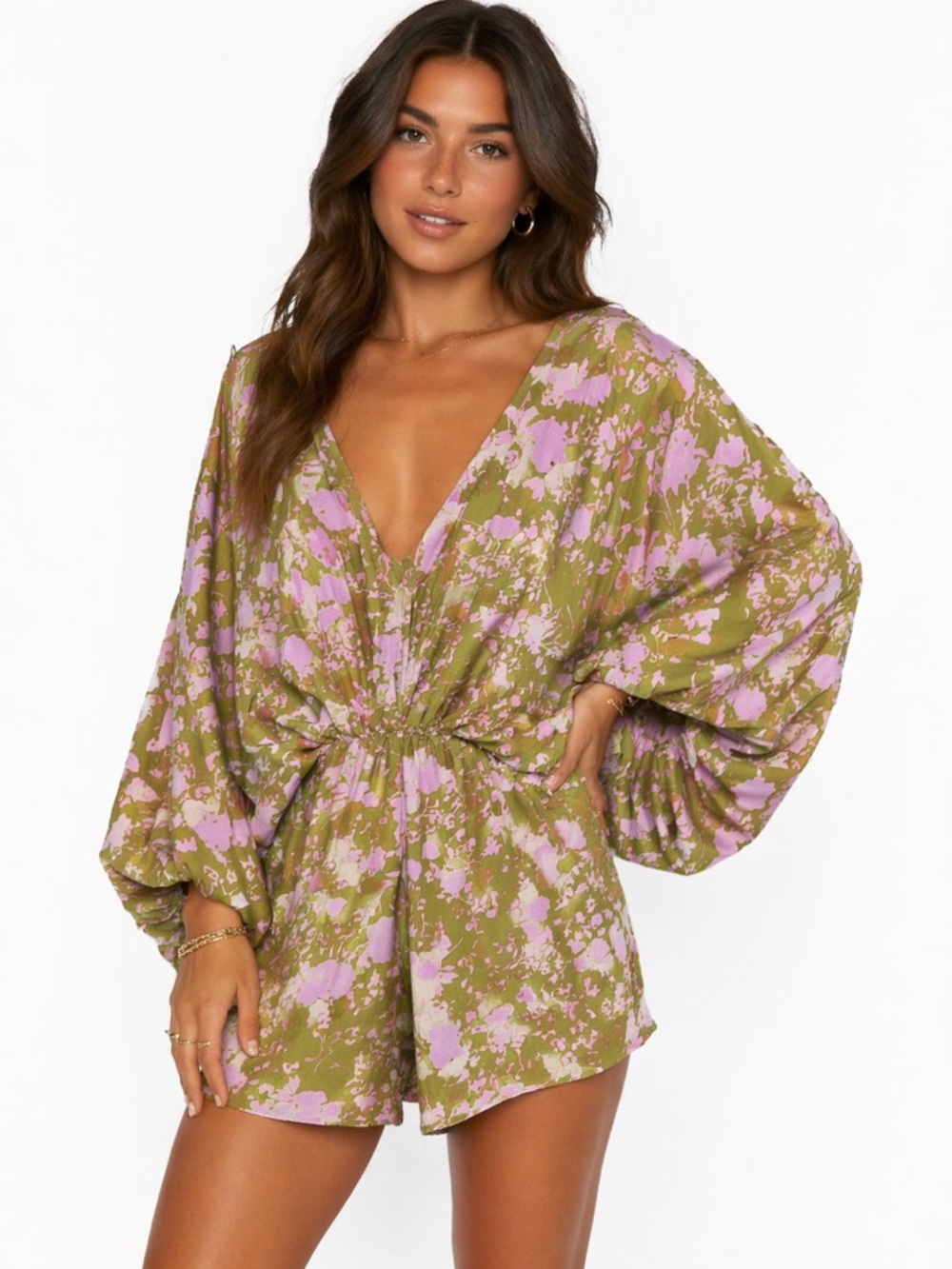 Aakaa Olive Green & Pink Floral Tie-Strap Romper - SIZE MEDIUM
